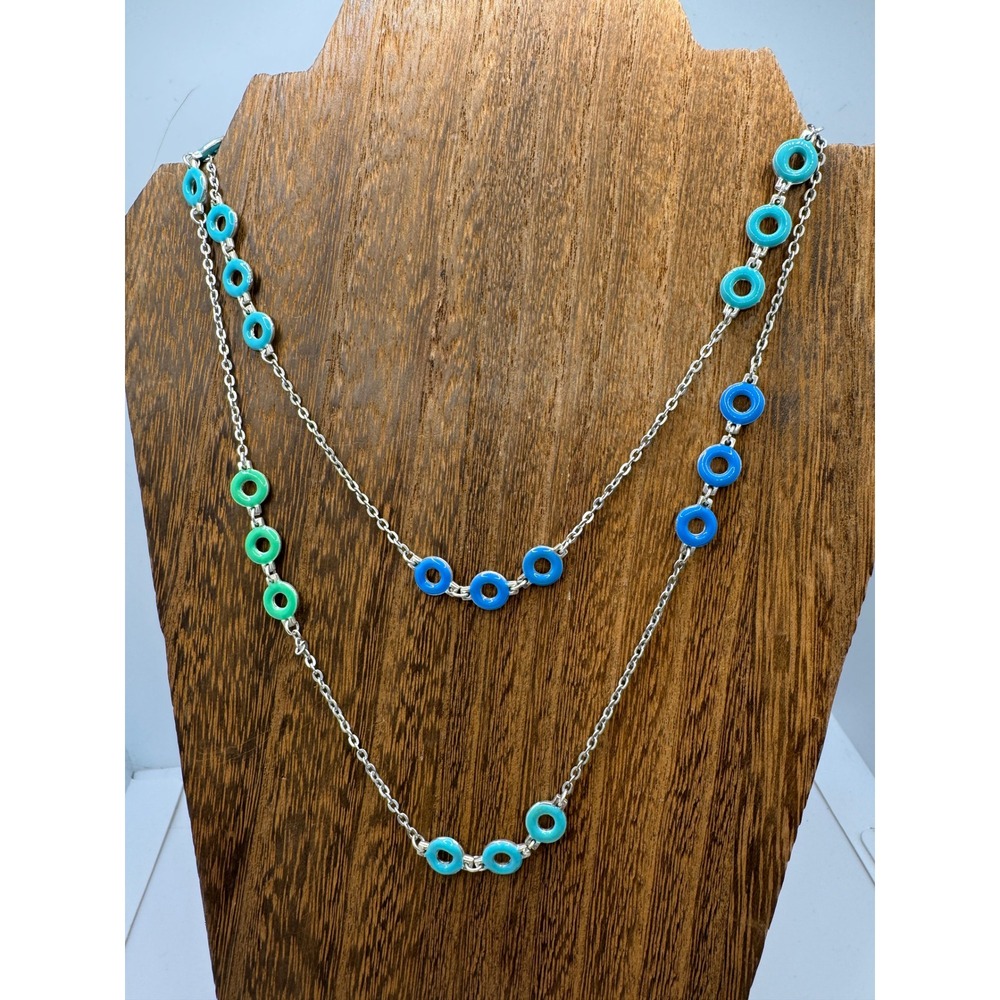 Avenue Silver Tone Blue Green Enamel Ring Station Long Chain Necklace 36"